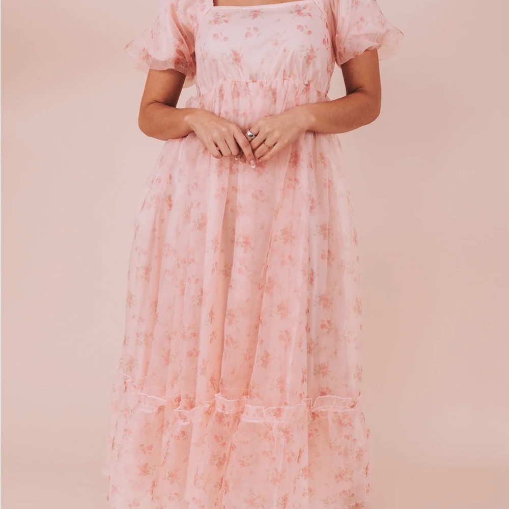 Women’s Pink Floral Maxi Dress - Square Neck, Puff Sleeve